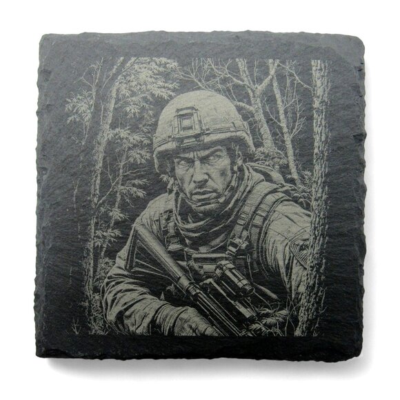 Military SOLDIER Coasters Set of 4 Square Engraved Gray Slate Stone - Picture 1 of 6